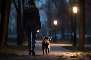Person walking a dog at night